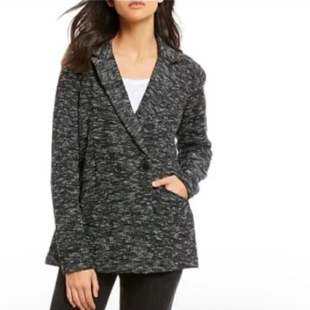 Eileen Fisher Black Tweedy Organic Cotton Knit Classic Collar Blazer